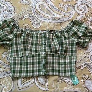 Green Plaid Off-Shoulder Top